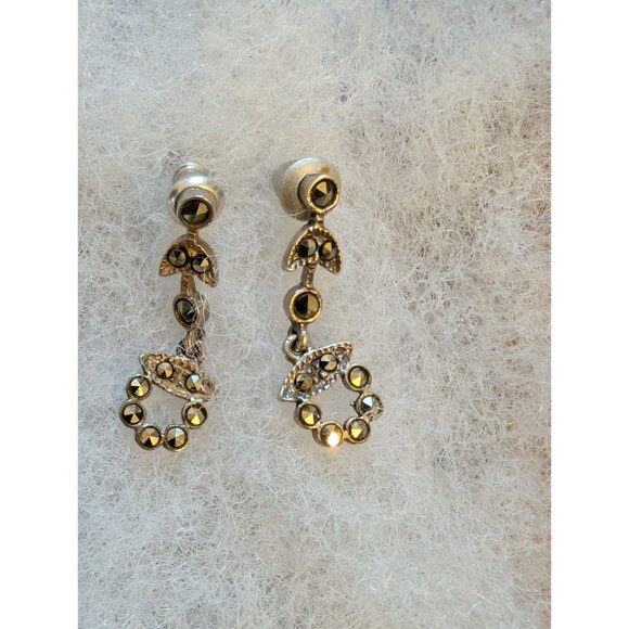 Vintage Sterling Silver Marcasite Drop Earrings With Leaf & Circle Design - Picture 1 of 4